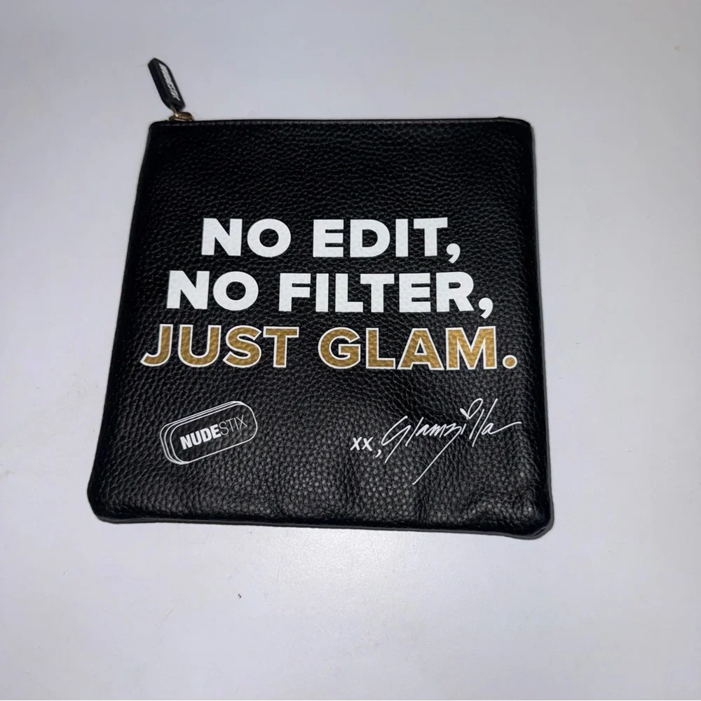 Nudestix Cosmetic Bag Black Pebbled Faux Leather Embroidery and lanyard